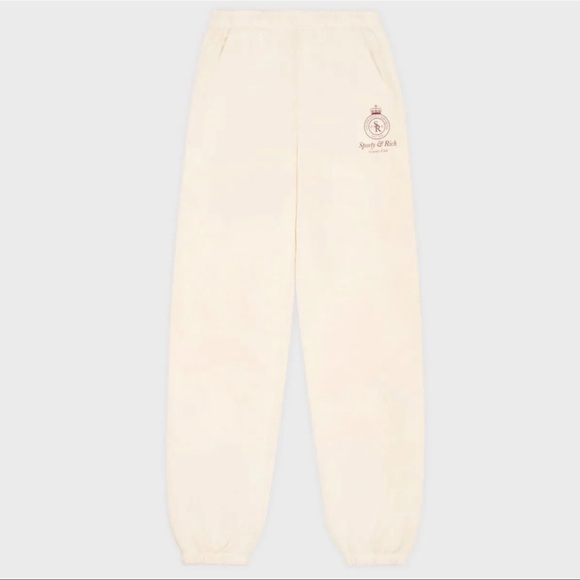 Sporty & Rich Wellness Club Flocked Sweatpants | (XS - Cream/Merlot) NEW - Picture 3 of 8